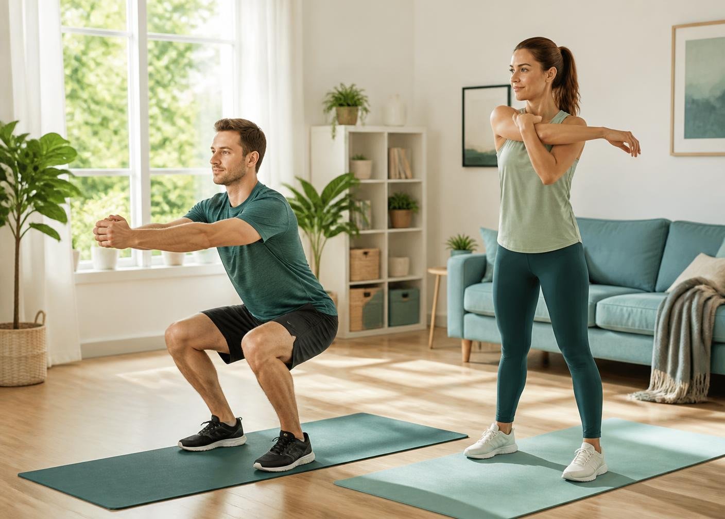 Pessoa se alongando sobre um tapete de exercícios em uma sala iluminada