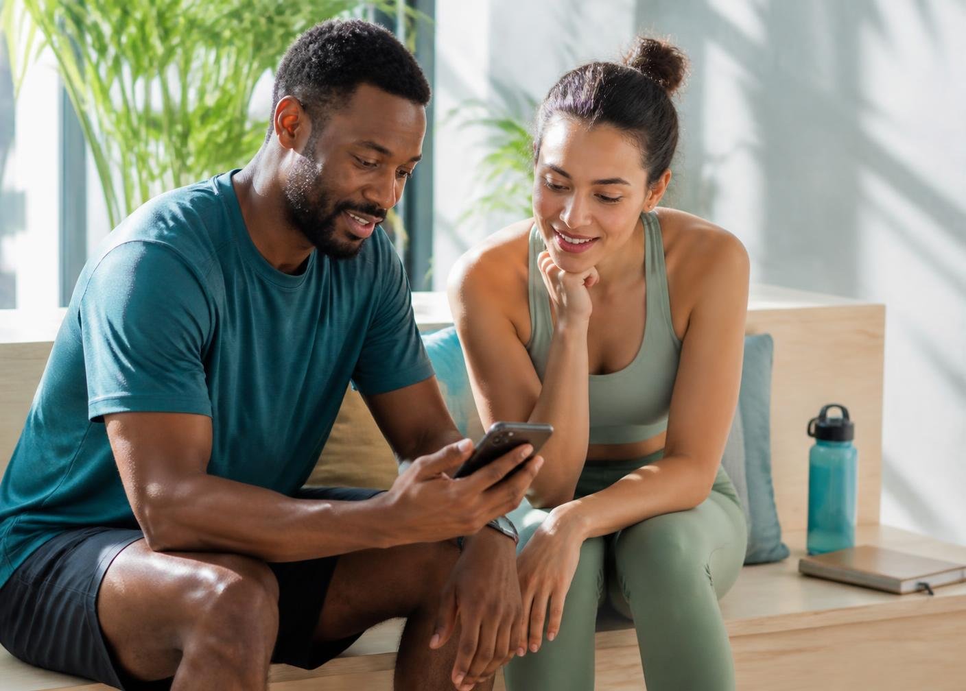 Homem e mulher em roupas esportivas sentados em um banco de madeira, olhando juntos para um aplicativo no celular