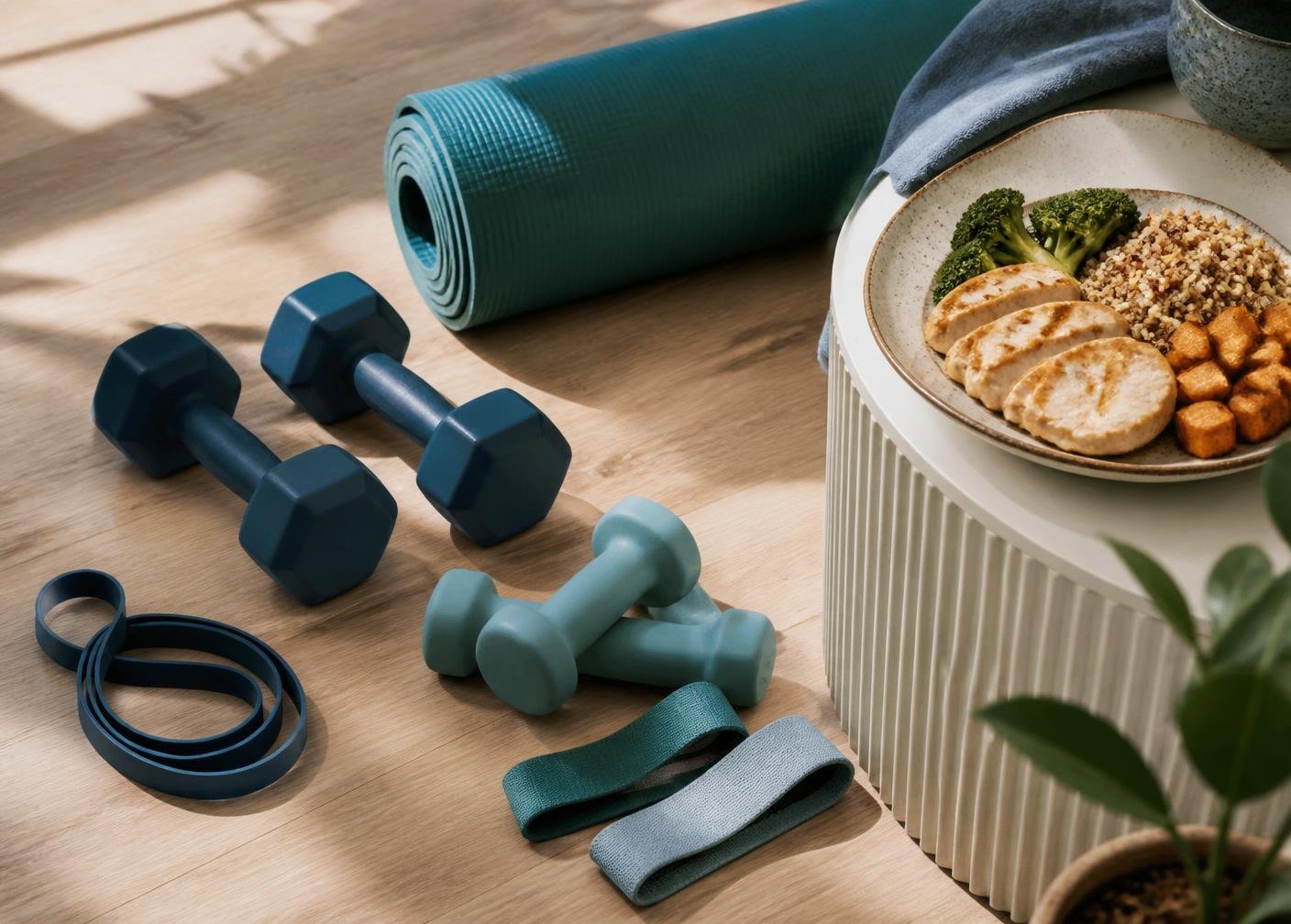 Halteres, faixas elásticas e um tapete de exercícios ao lado de um prato com frango grelhado, brócolis e quinoa