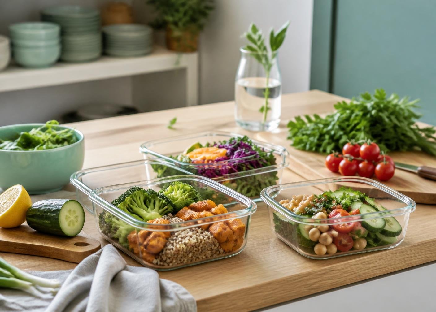 Bancada de cozinha clara com potes de vidro contendo refeições equilibradas, legumes frescos e ervas